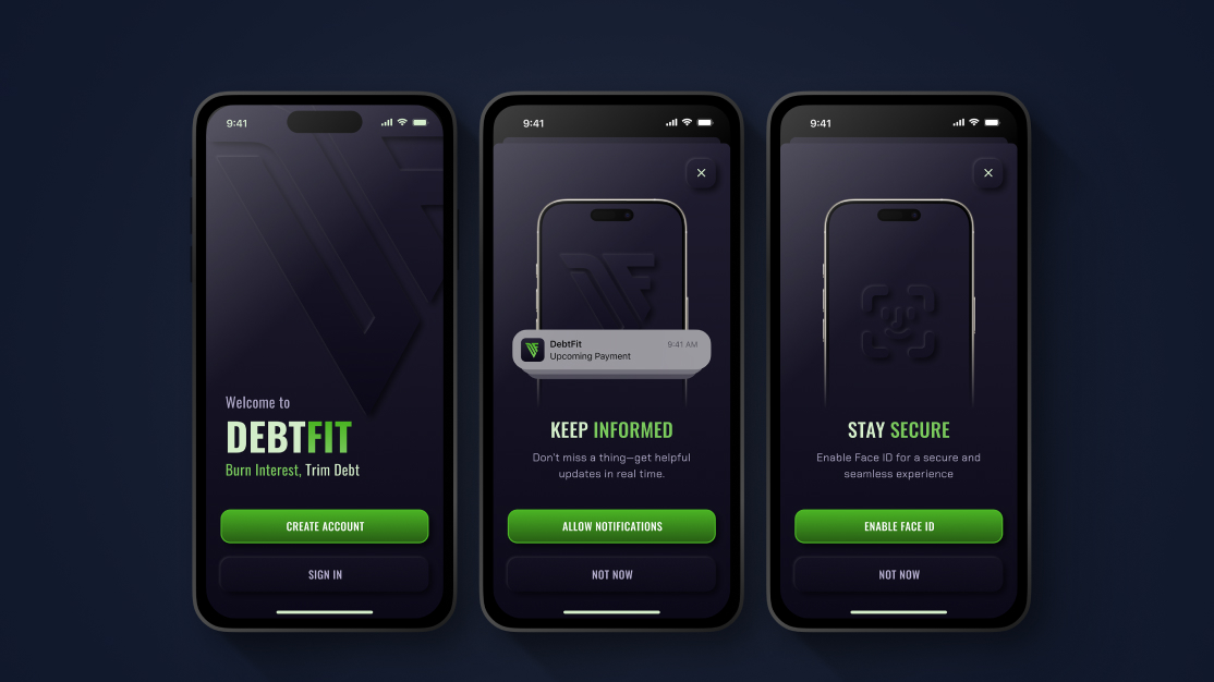 Onboarding flow — splash, notifications, Face ID